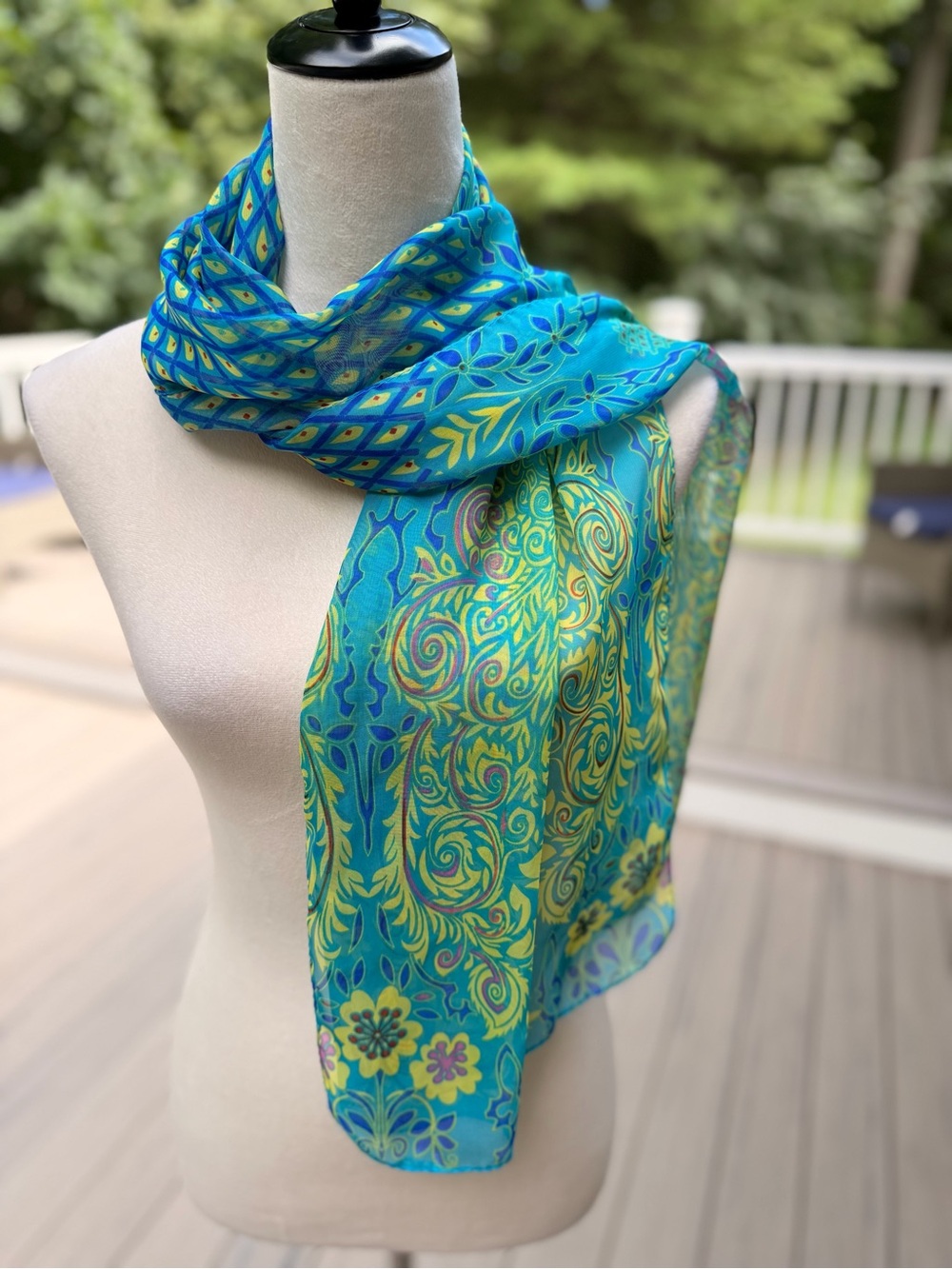 Peacock Sheer Turquoise Blue Aqua Floral Scarf 19” x 58”